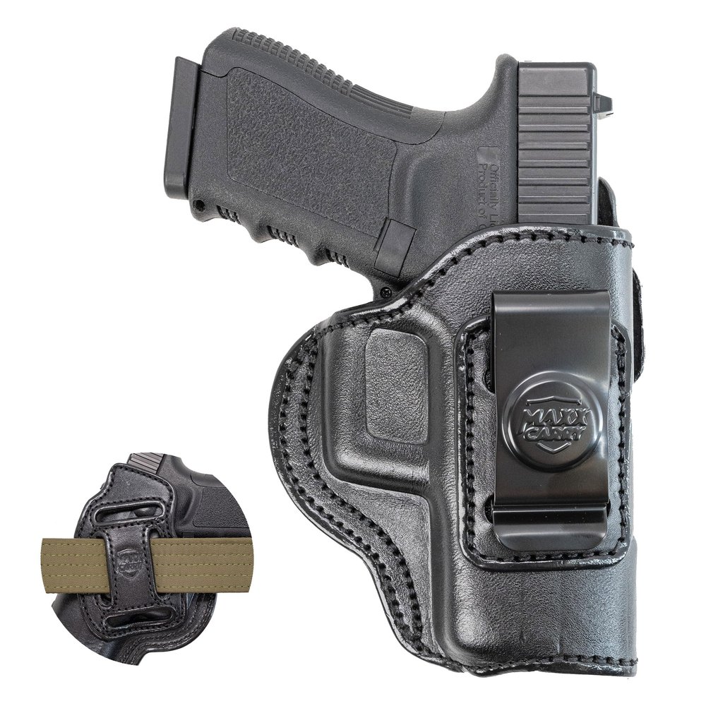 Maxx Carry Multi-Carry 4-Way OWB and IWB Premium Leather Gun Holster fits G 19 (GEN 1 - GEN 4) |G 19X 23 32 | S&W M&P Shield 2.0 | Ruger Security 9, SR9c, SR40c | SIG P239, P250 Subcompact