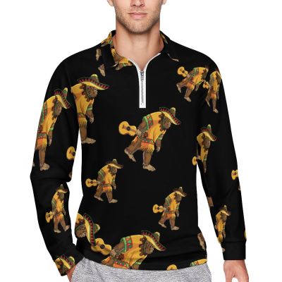 Bigfoot Sasquatch Mexican Mens Polo Shirts Long Sleeve Slim Fit Zippered Shirts Casual Golf Shirts Tee Top XL