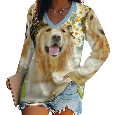 Golden Retriever Dog Lovely Wreath Women's Shirts Long Sleeve V-Neck Blouses Loose Casual Tee T-Shirt S