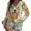 Golden Retriever Dog Lovely Wreath Women's Shirts Long Sleeve V-Neck Blouses Loose Casual Tee T-Shirt S view 1