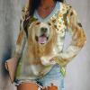 Golden Retriever Dog Lovely Wreath Women's Shirts Long Sleeve V-Neck Blouses Loose Casual Tee T-Shirt S view 2