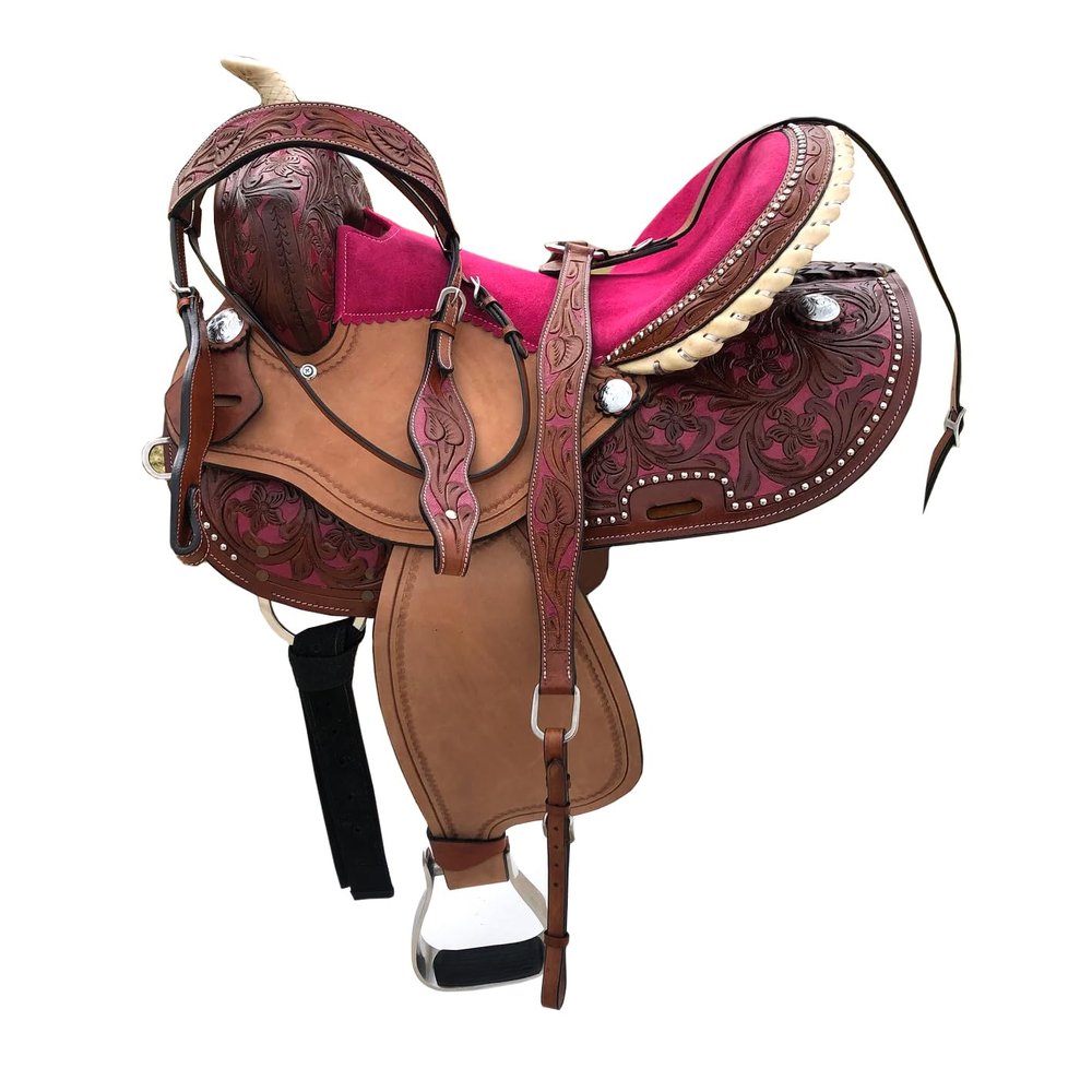 Adults Kids Youth Western Horse Barrel Saddle Leather Tack Set Matching Headstall Breast Collar Reins 10" to 18" Suede Seat (Pink, 13" Seat)