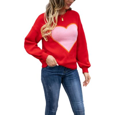 aromm Women's Pullover Sweaters Crewneck Long Sleeve Heart Print Knitwear Red, L