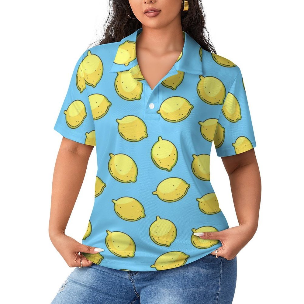 Lemon Blue Women's Short Sleeve Polo Shirts Casual Collared T-Shirts Golf Shirts Sport Blouses Tops S