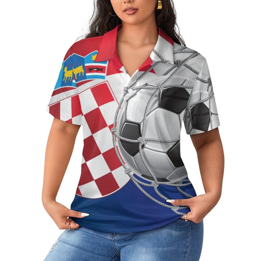 Soccer Goal and Croatia Flag Women's Short Sleeve Polo Shirts Casual Collared T-Shirts Golf Shirts Sport Blouses Tops XL
