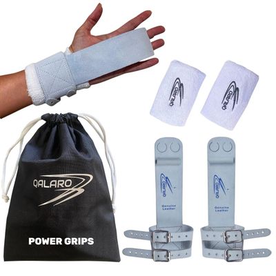 QALARO Double Buckle Power Leather Grips for Girls Gymnastics | Dowel Grips, 4" White Wristbands | Gymnastics Grips for Girls | Youth Bar Grips | Gymnastics Gloves