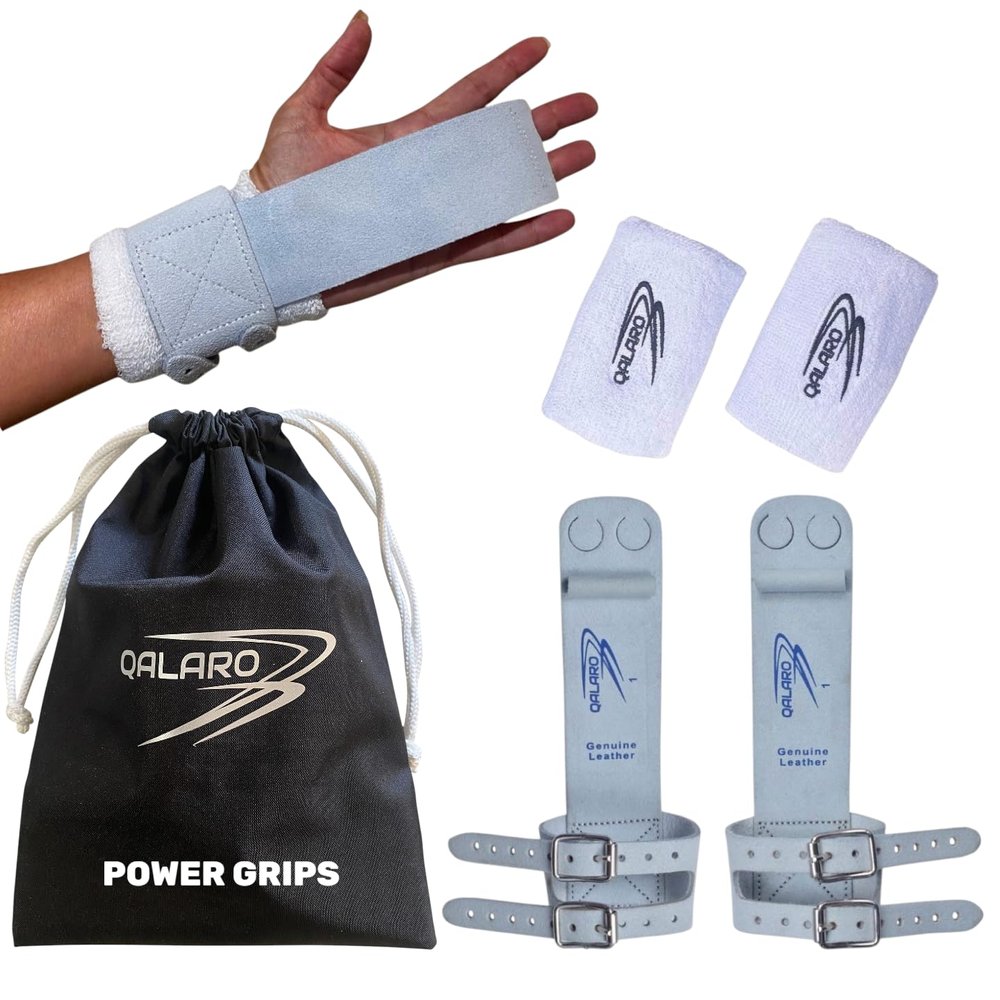 QALARO Double Buckle Power Leather Grips for Girls Gymnastics | Dowel Grips, 4" White Wristbands | Gymnastics Grips for Girls | Youth Bar Grips | Gymnastics Gloves