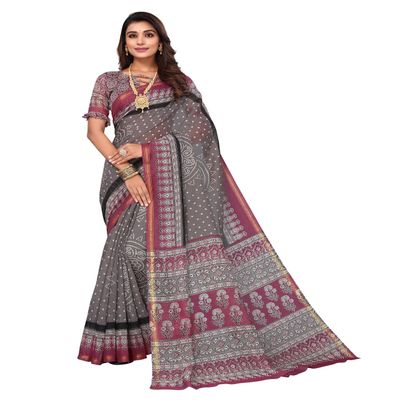 IMTRA FASHION Women Bandhani Style Print Saree Linen Sari with Unstitched Blouse-Grey-BASIRA PURPLE