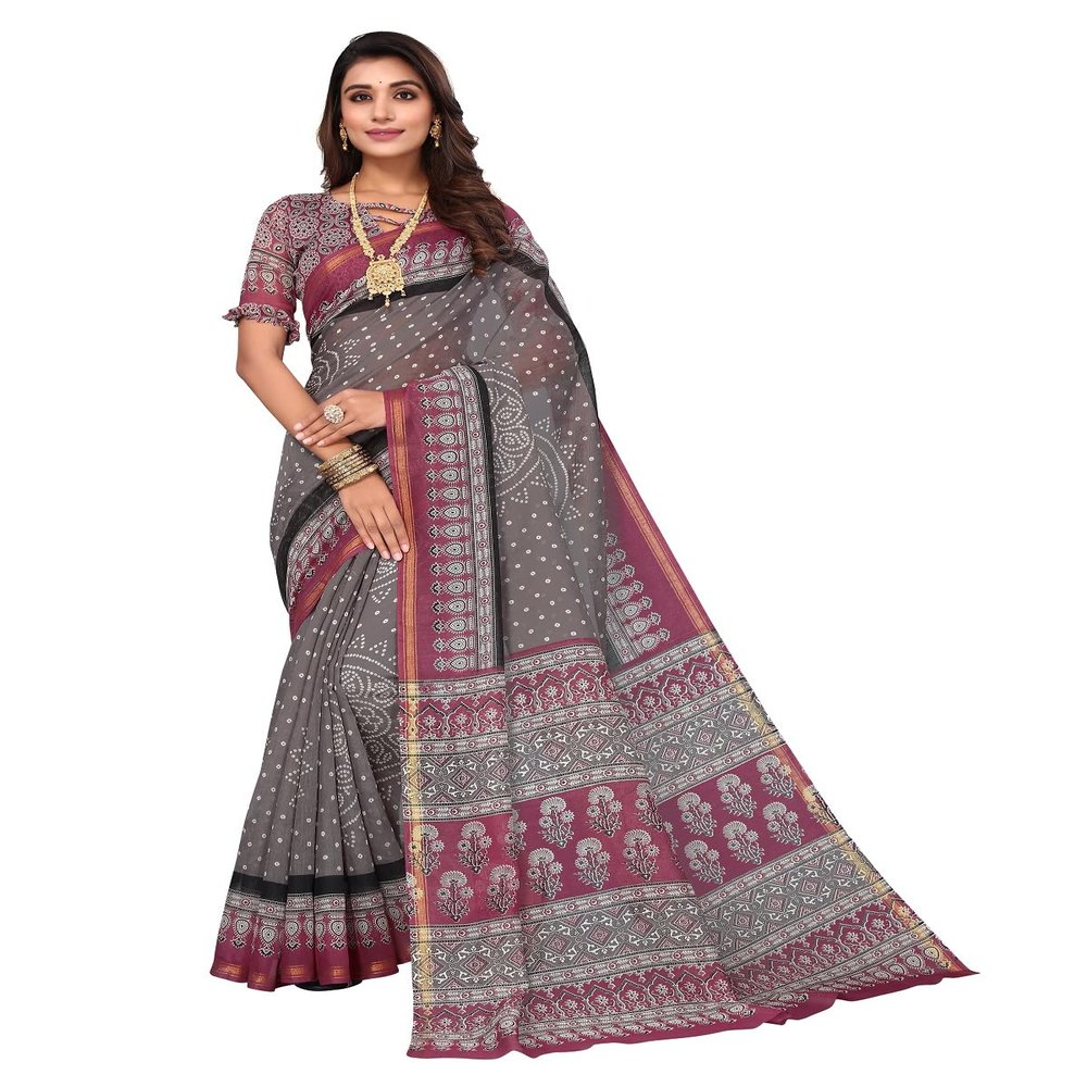 IMTRA FASHION Women Bandhani Style Print Saree Linen Sari with Unstitched Blouse-Grey-BASIRA PURPLE