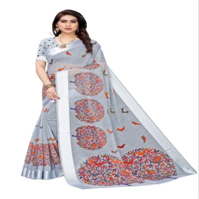 IMTRA FASHION Saree for Women Linen Printed Sari with Unstitched Blouse Piece-Grey-PARINDA GREY