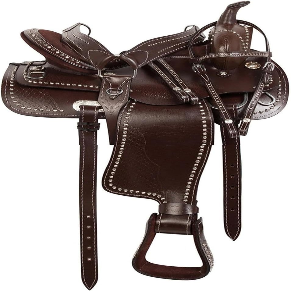 Western Horse Pleasure Saddle - Genuine Leather 10" 11" 12" 13" 14" 15" 16" 17" 18" with Matching Tack Set Headstall Breast Collar Reins (Style 05, 12" Seat)
