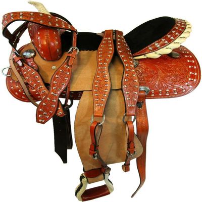 Western Horse Pleasure Saddle - Genuine Leather 10" 11" 12" 13" 14" 15" 16" 17" 18" with Matching Tack Set Headstall Breast Collar Reins (Style 11, 12" Seat)