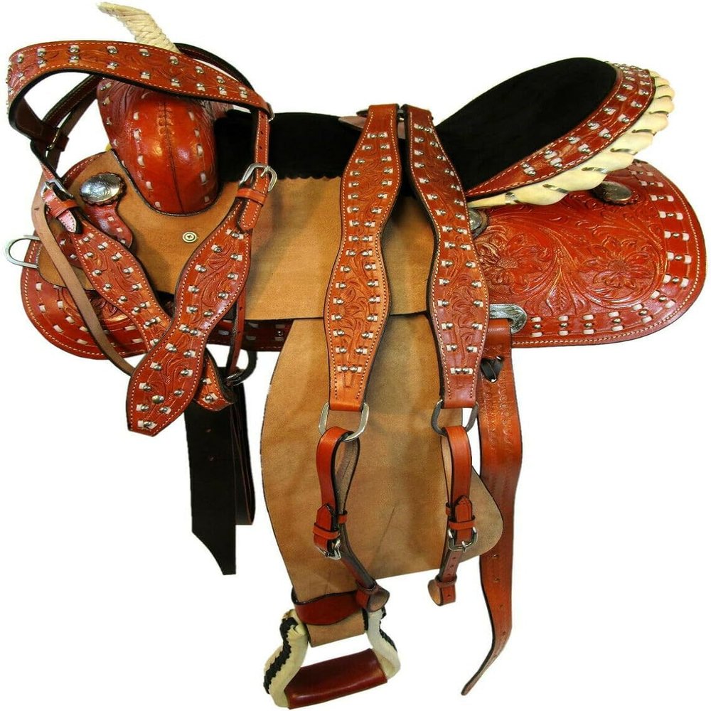 Western Horse Pleasure Saddle - Genuine Leather 10" 11" 12" 13" 14" 15" 16" 17" 18" with Matching Tack Set Headstall Breast Collar Reins (Style 11, 12" Seat)