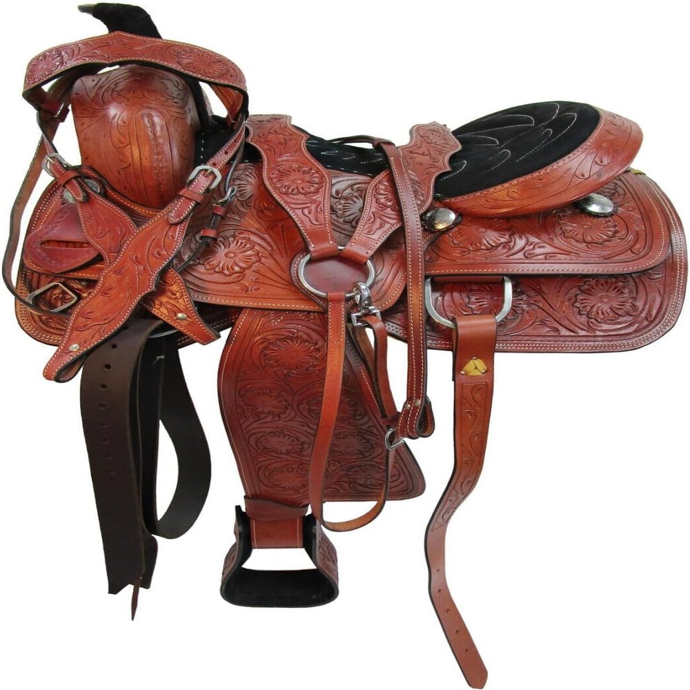 Western Horse Pleasure Saddle - Genuine Leather 10" 11" 12" 13" 14" 15" 16" 17" 18" with Matching Tack Set Headstall Breast Collar Reins (Style 07, 15" Seat)