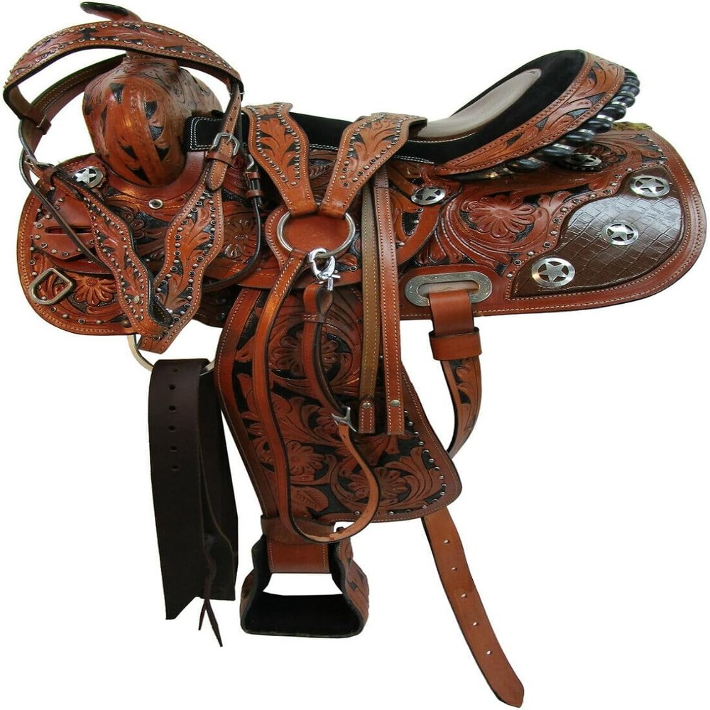 Western Horse Pleasure Saddle - Genuine Leather 10" 11" 12" 13" 14" 15" 16" 17" 18" with Matching Tack Set Headstall Breast Collar Reins (Style 08, 15" Seat)