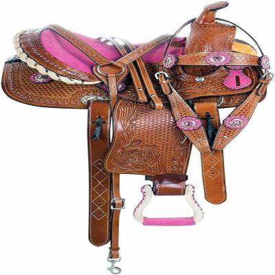 Western Horse Pleasure Saddle - Genuine Leather 10" 11" 12" 13" 14" 15" 16" 17" 18" with Matching Tack Set Headstall Breast Collar Reins (Style 10, 16" Seat)
