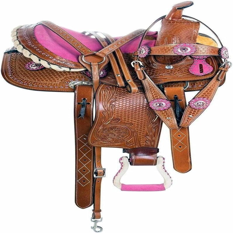 Western Horse Pleasure Saddle - Genuine Leather 10" 11" 12" 13" 14" 15" 16" 17" 18" with Matching Tack Set Headstall Breast Collar Reins (Style 10, 16" Seat)