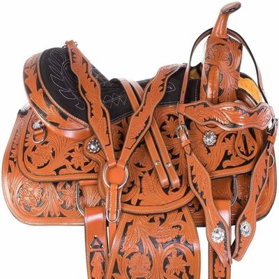 Western Horse Pleasure Saddle - Genuine Leather 10" 11" 12" 13" 14" 15" 16" 17" 18" with Matching Tack Set Headstall Breast Collar Reins (Style 09, 12" Seat)