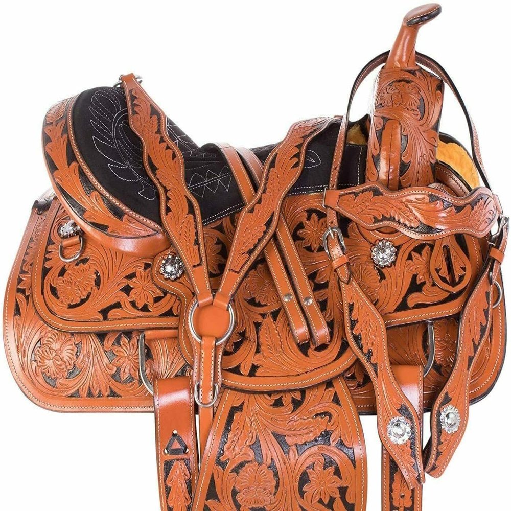 Western Horse Pleasure Saddle - Genuine Leather 10" 11" 12" 13" 14" 15" 16" 17" 18" with Matching Tack Set Headstall Breast Collar Reins (Style 09, 12" Seat)