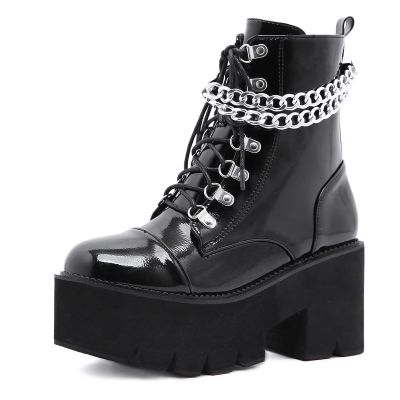 ZKXYFFS Womens Goth Patent Ankle Boots Mid Calf Boots Platform Chunky High Heel Lace Up Combat Boots Punk Booties with Chain