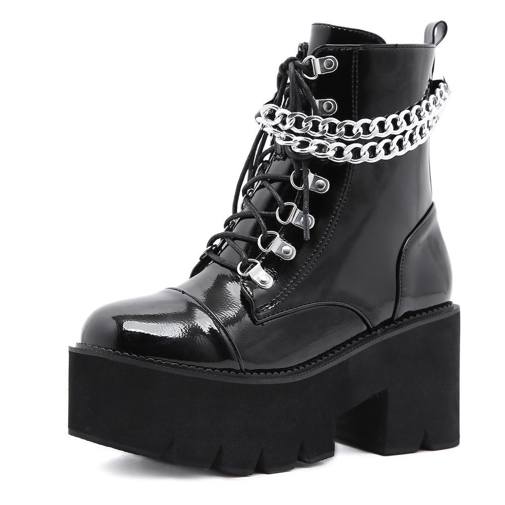 ZKXYFFS Womens Goth Patent Ankle Boots Mid Calf Boots Platform Chunky High Heel Lace Up Combat Boots Punk Booties with Chain