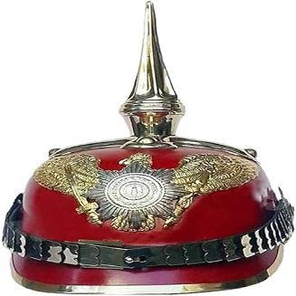 Medieval Imperial German Brass Spiked Pickelhaube Officer Helmet- Red Leather & Brass
