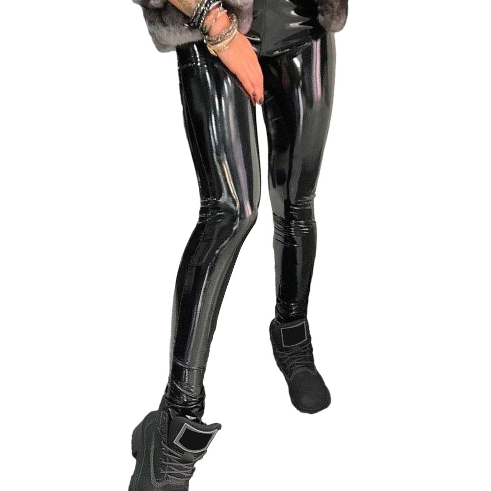 Women Pencil Pants Women's Faux Leather High Waist Shinny Slim Trousers for Nightclub Solid Black M