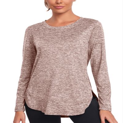 Absttith Women's Long Sleeve Workout Shirts Athletic Loose Fit Tops Quick Dry Gym Soprt Tee Active Wear Brown Large