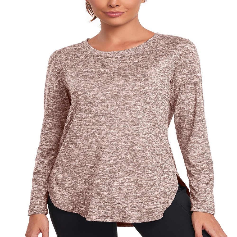 Absttith Women's Long Sleeve Workout Shirts Athletic Safari Tops Quick Dry Gym Soprt Tee Side Split Brown Medium