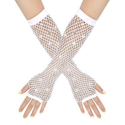 JOMOCARE White Long Fishnet Fingerless Gloves 80s Theme Party with Rhinestones Mesh Gloves for Women Girls Cosplay, Performance. (White)