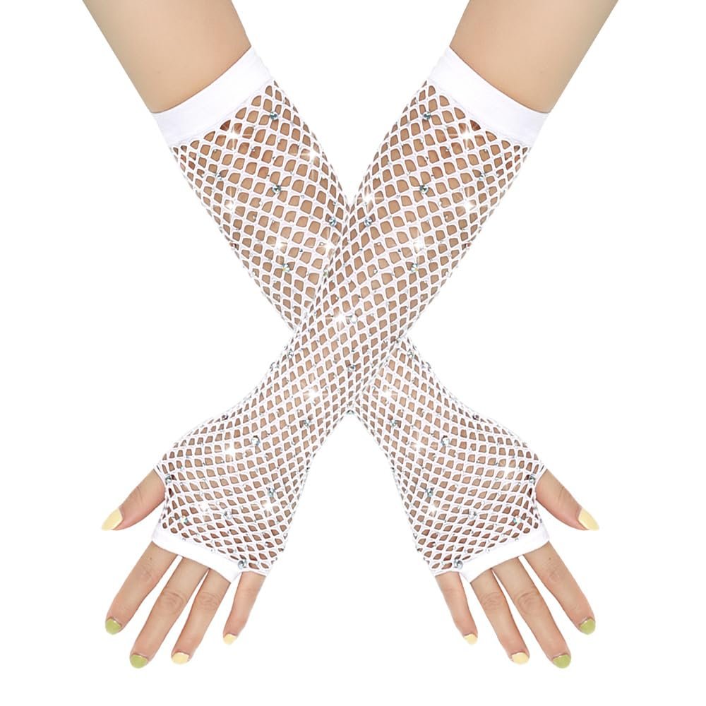 JOMOCARE White Long Fishnet Fingerless Gloves 80s Theme Party with Rhinestones Mesh Gloves for Women Girls Cosplay, Performance. (White)