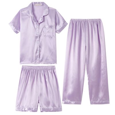 Hupohoi Unisex Girls Boys Kids Pajama Sets Button Down Satin Sleepwear Nighty 3PCS Silky Lounge Sets Nightwear Short Sleeve Long Pants, 3pcs-Lilac, 10