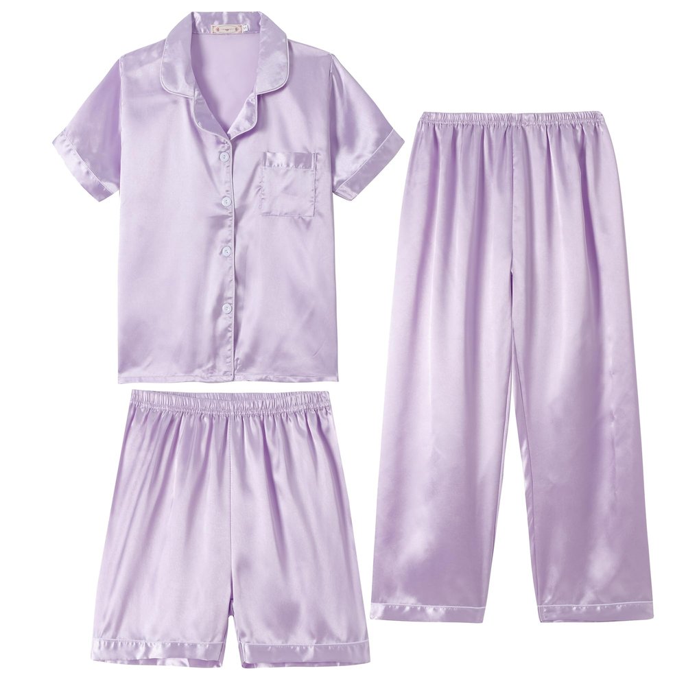 Hupohoi Unisex Girls Boys Kids Pajama Sets Button Down Satin Sleepwear Nighty 3PCS Silky Lounge Sets Nightwear Short Sleeve Long Pants, 3pcs-Lilac, 10
