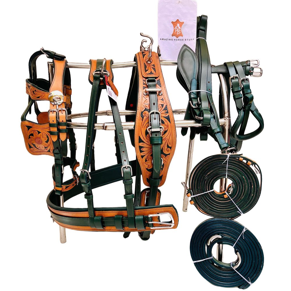 Designer Dual Tone Horse Driving Leather Harness for Single Horse cart with Stainless Steel Hardware (Cob, Olive Green)
