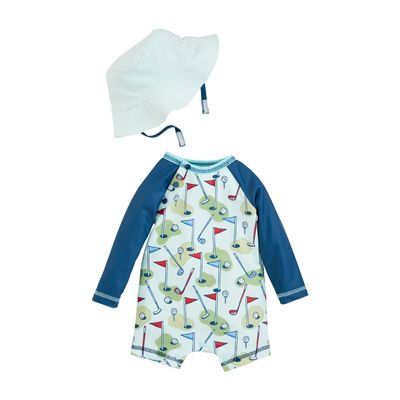 Mud Pie Boys Golf One Piece Swimsuit w/Hat; 6-9 Months