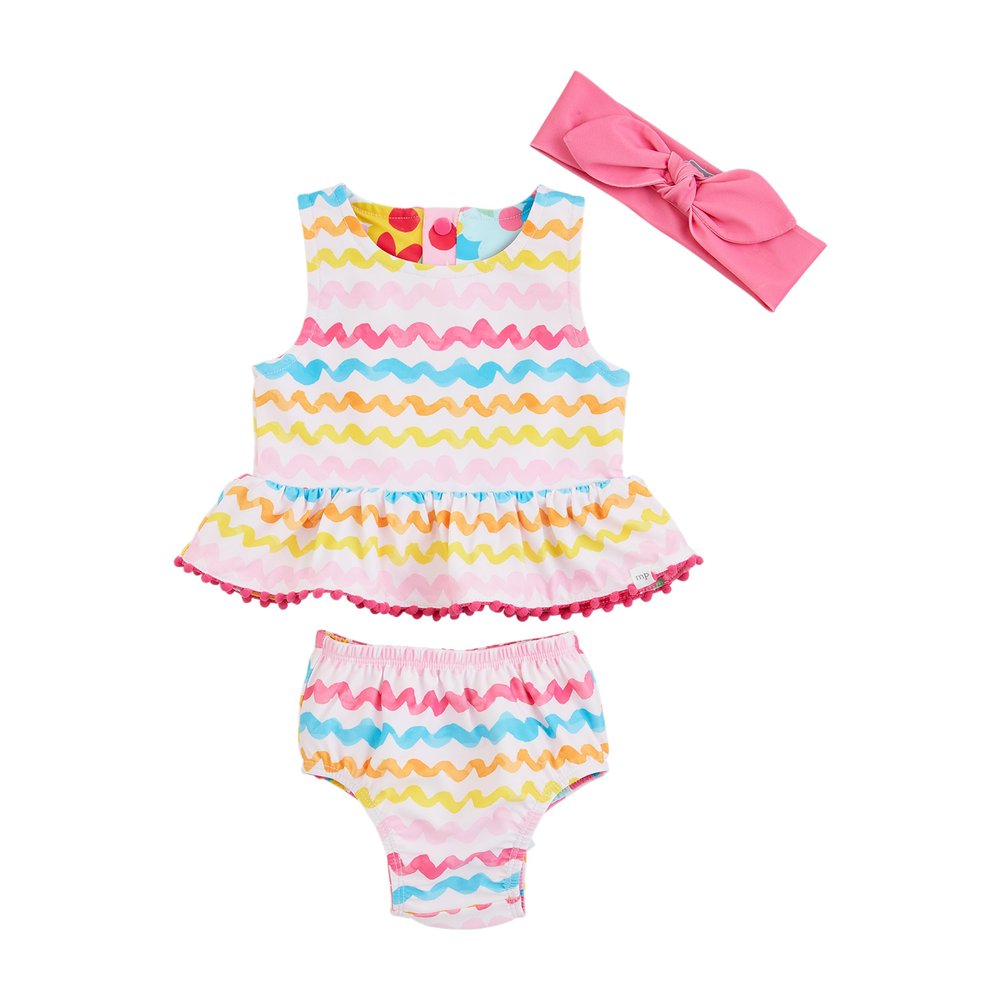 Mud Pie Girls Rainbow Reversible 2-Piece Swimsuit with Headband; 6-9 Months