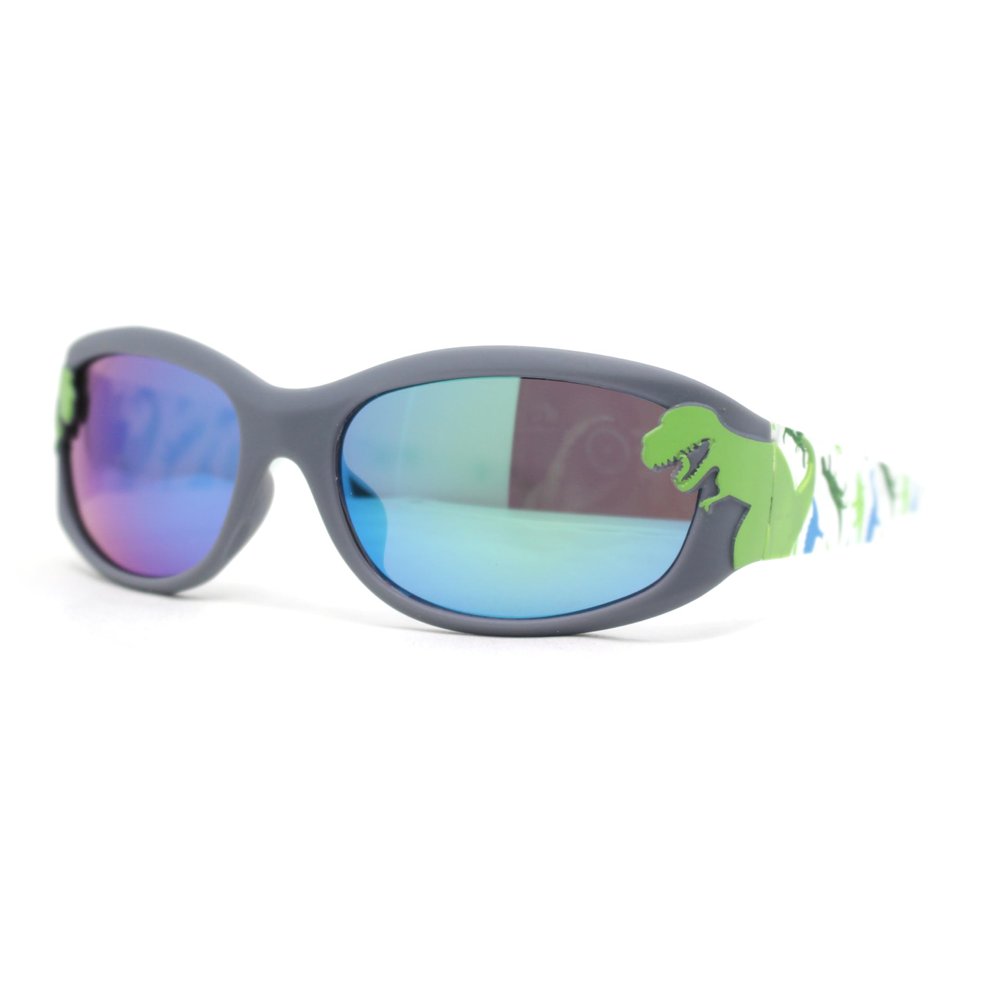 SA106 Boys Color Mirror T-Rex Dinosaur Print Arm Oval Sport Sunglasses Grey - Teal Mirror