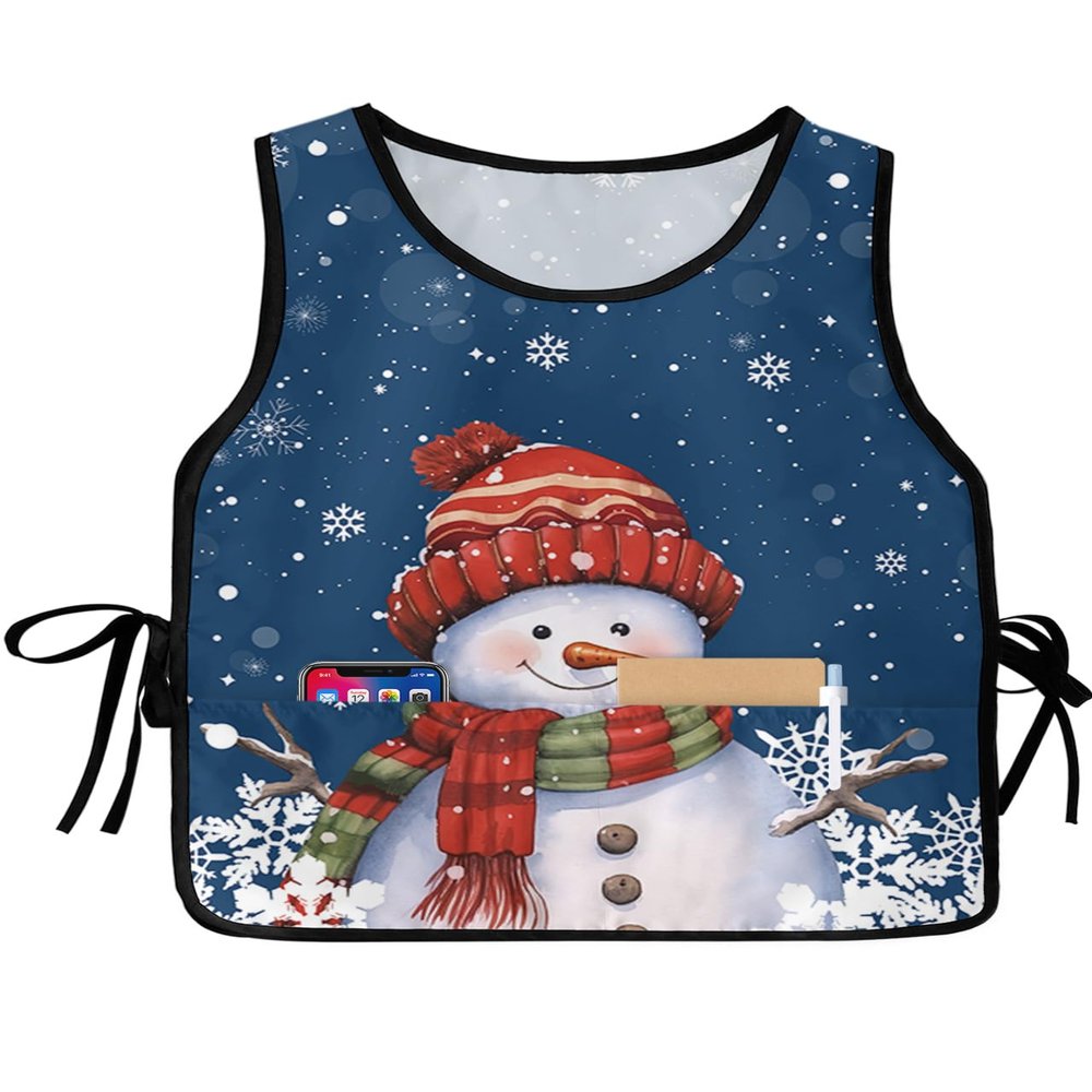 Winter Snowman Cobbler Aprons with 2 Pockets for Women Men, Fashionable Printed Unisex Bib Waterproof Cleaning Smock Vest for Chef Kitchen Christmas Snowflake Buffalo Plaid Navy 1 Pack, 20''x 31.5''