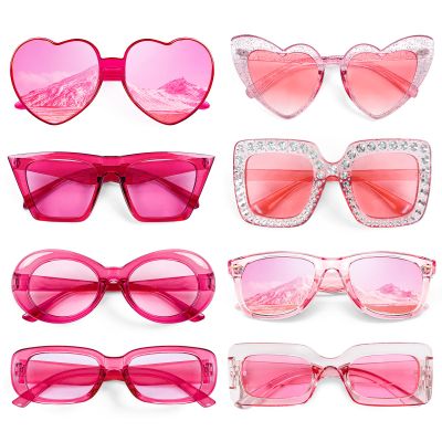 8 Pack Hot Pink Sunglasses for Women Bulk, Fun Mix Style Retro Rectangle Square Cateye Oval Heart Sunglasses Party Glasses Set