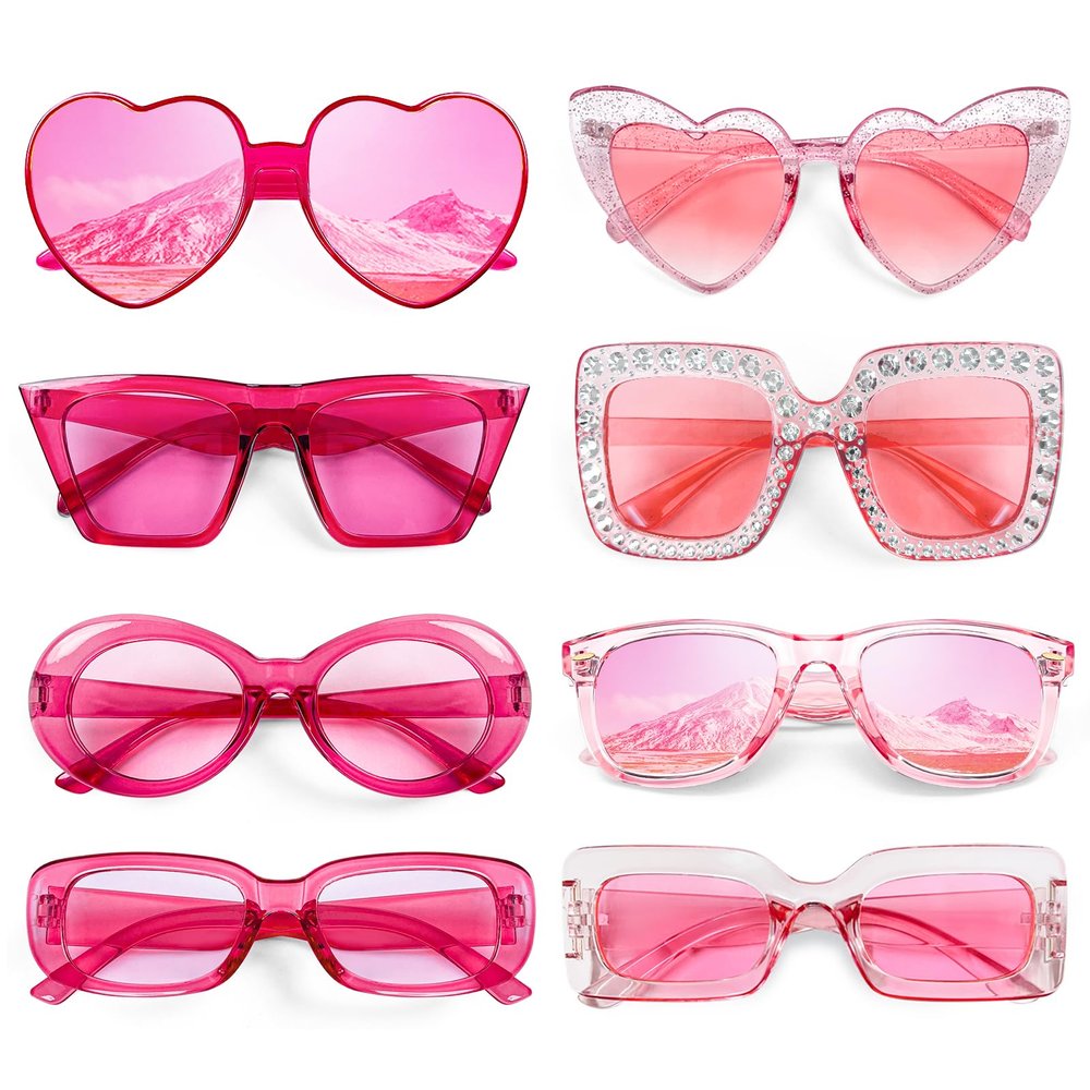 8 Pack Hot Pink Sunglasses for Women Bulk, Fun Mix Style Retro Rectangle Square Cateye Oval Heart Sunglasses Party Glasses Set