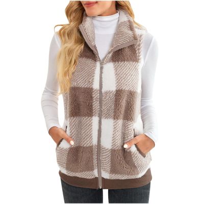 Aymnlox womens winter coat Zipper Vest for Women Plaid Printed Plush Coats Lapel Collar Sleeveless Fleece Jackets with Pockets Open Front Coat Brown M