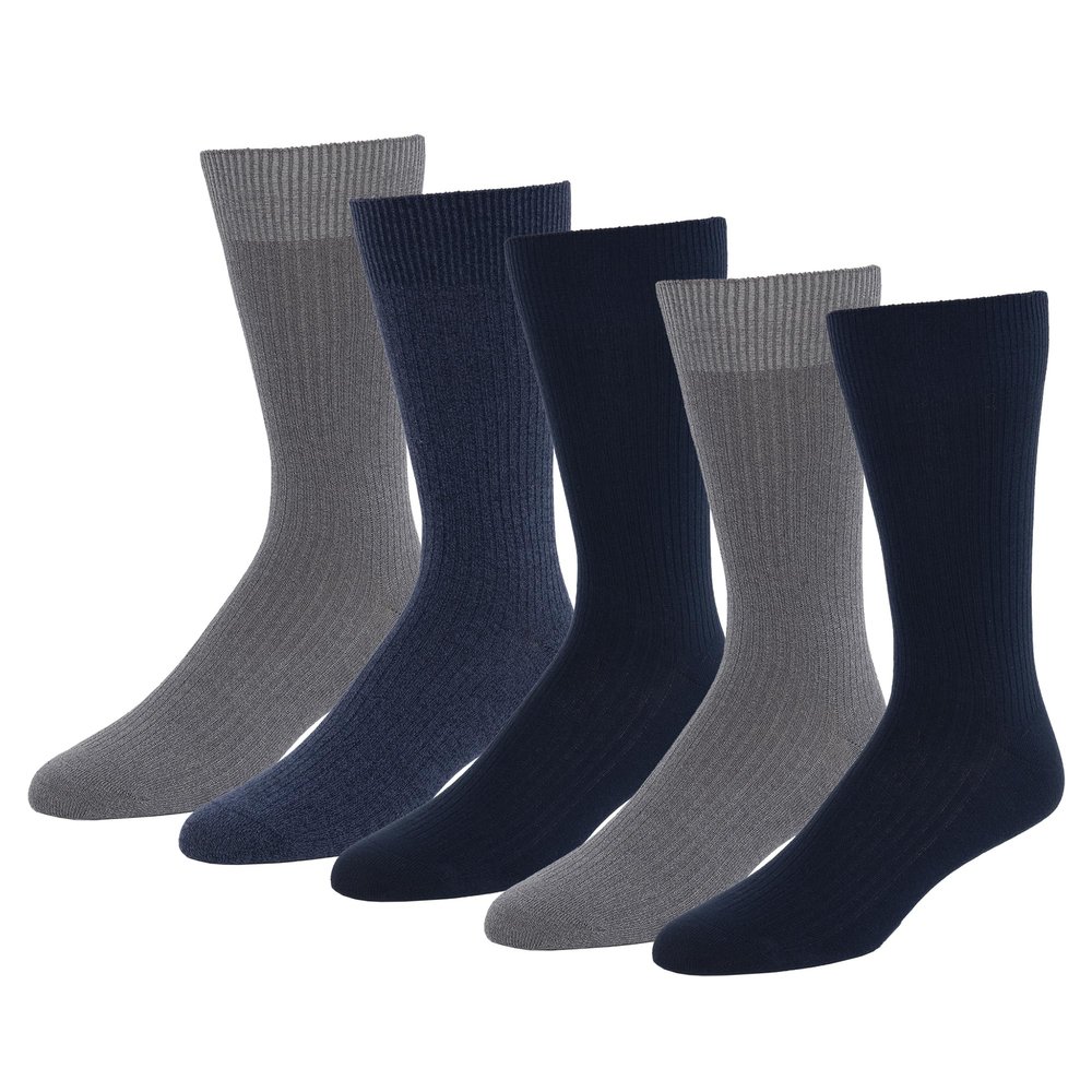 Amazon Essentials Men's Patterned Dress Crew Socks, 5 Pairs, Dark Blue/Grey/Navy, 13-15