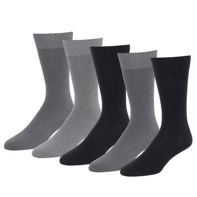 Amazon Essentials Men's Patterned Dress Crew Socks, 5 Pairs, Black/Dark Grey/Grey, 13-15