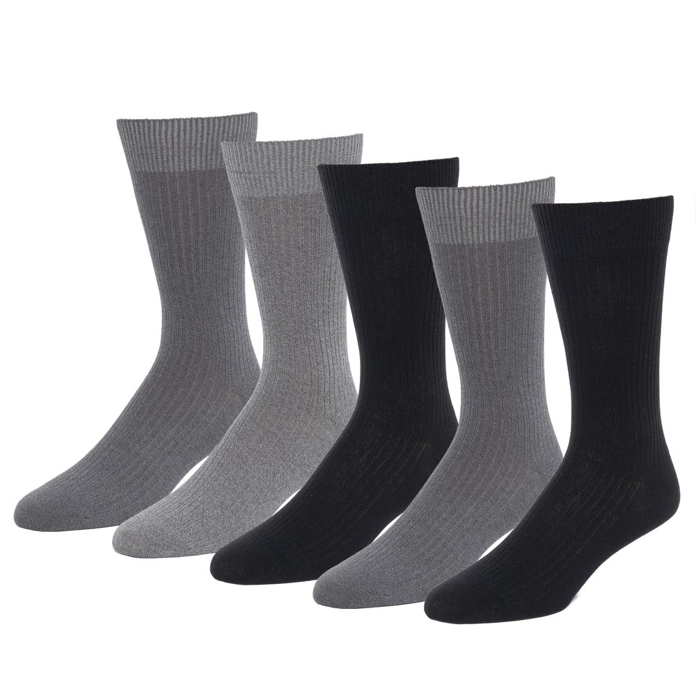 Amazon Essentials Men's Patterned Dress Crew Socks, 5 Pairs, Black/Dark Grey/Grey, 13-15