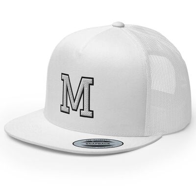 RIVEMUG Initial Letter M Embroidered Premium Trucker Hat Flat Bill High Crown Adjustable Cap White
