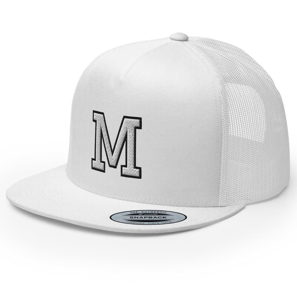 RIVEMUG Initial Letter M Embroidered Premium Trucker Hat Flat Bill High Crown Adjustable Cap White