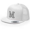 RIVEMUG Initial Letter M Embroidered Premium Trucker Hat Flat Bill High Crown Adjustable Cap White view 1