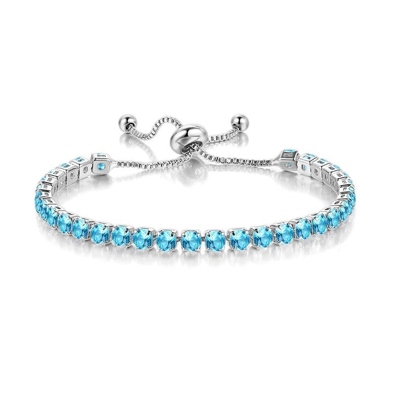 Paris Jewelry Aquamarine Round Adjustable Tennis Bracelet 10k White Gold Plated 7 cttw Created Bracelet Gift for Women