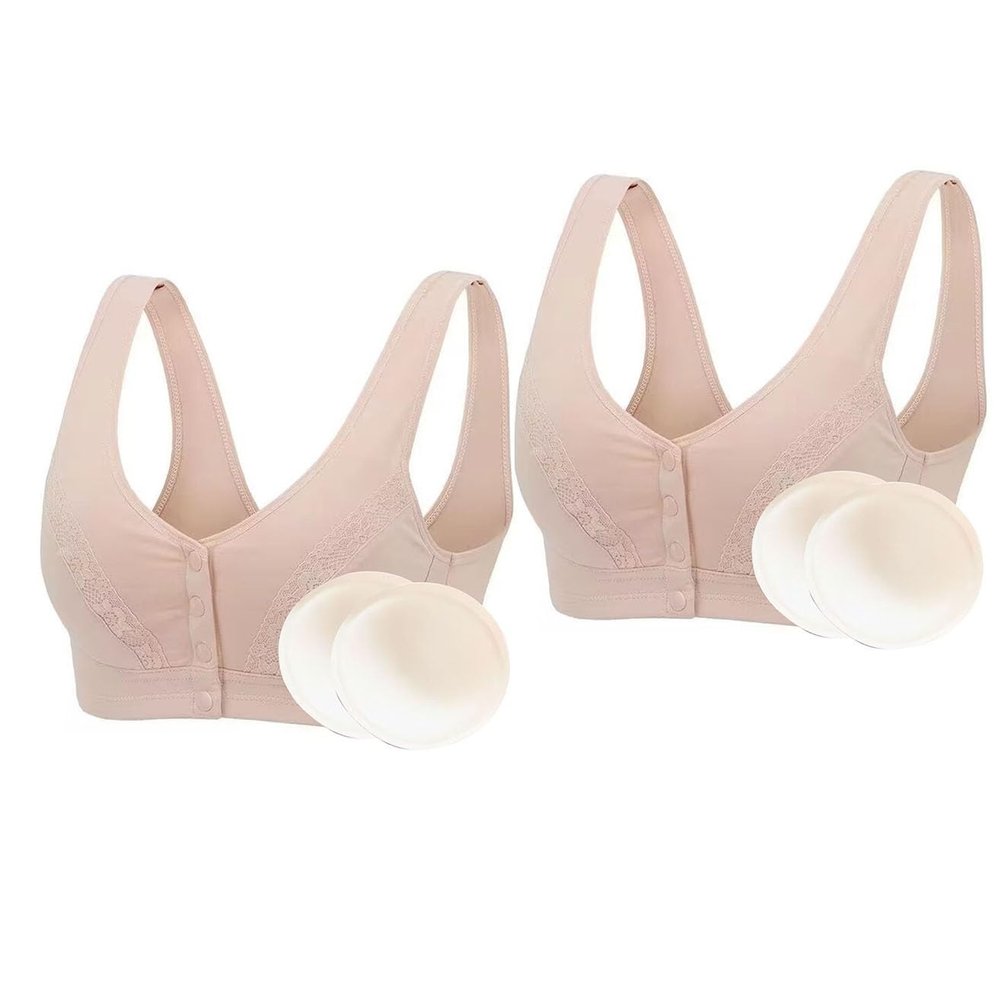 2pcs Front Closure Lingerie Bra With Breast Prosthesis Pockets Underwear Middle Women Daily Post Surgery Mastectomy Bra (Color : Skin, Size : S/Small)