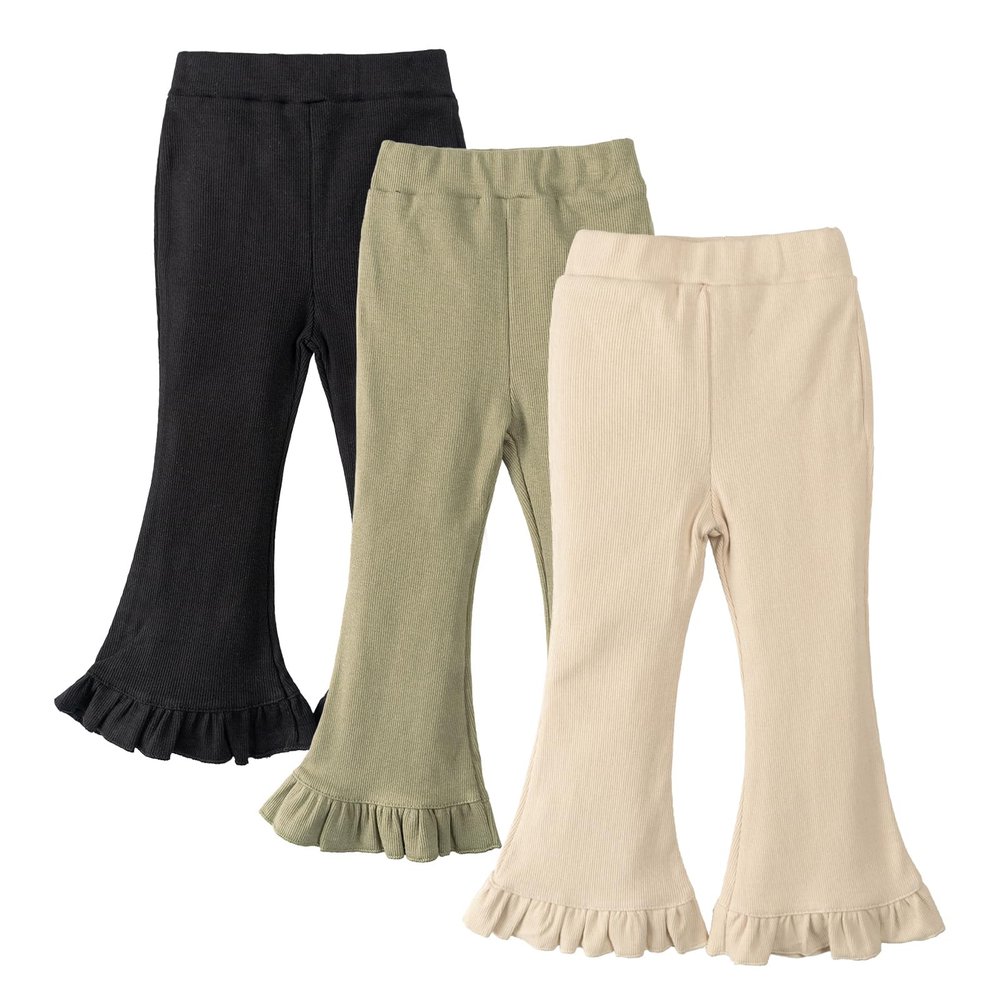 Miipat Toddler Girl Flare Pants 3 Pack Ruffle Baby Bell Bottoms Solid Color Elastic Waist Ribbed Leggings (A1,4-5T)